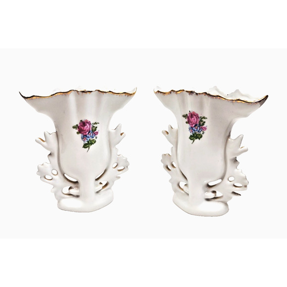 Pair Antique PORTUGAL Old Paris Style Spill Vases w Roses Daisies Circa 1900s - Picture 6 of 10